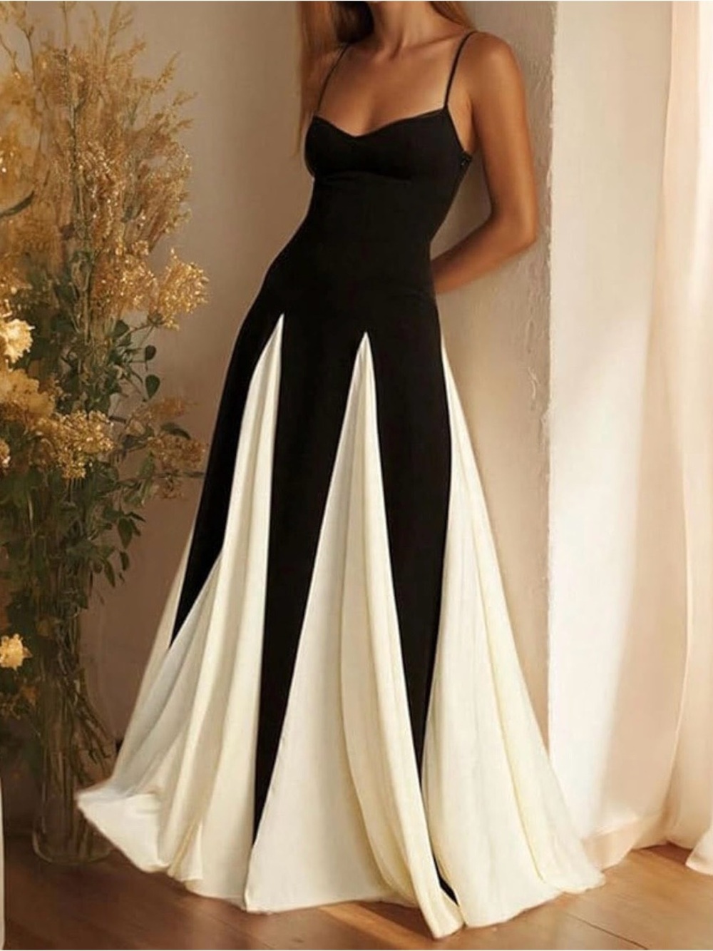 Elegant Black & Cream Maxi Dress - Women's Spaghetti Strap Dress